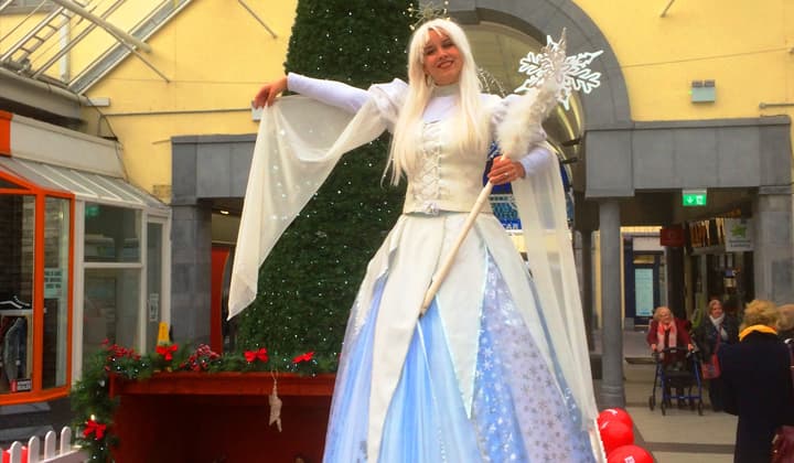 Children's entertainment Snow Queen on stilts at a brilliant christmas event in Dublin and Kildare